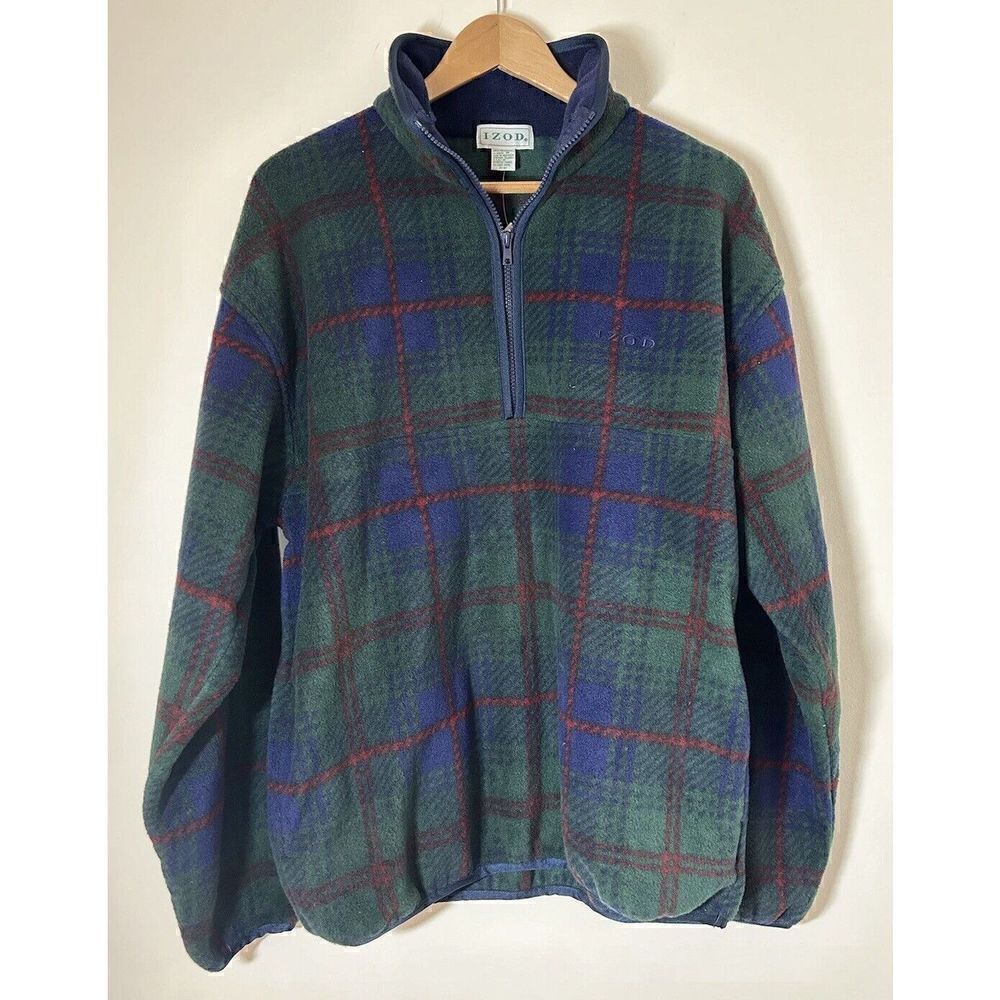 Izod 1/4 Zip Fleece Jacket Size Medium Navy Plaid NWT